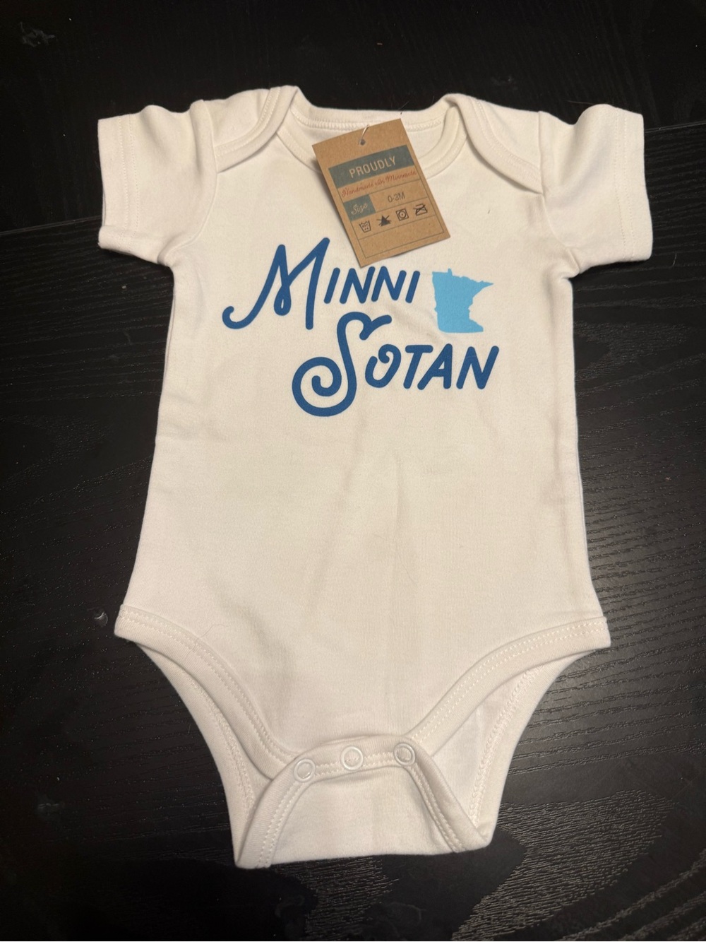 Minnesota Script Baby One-Piece Bodysuit - White with Blue Print